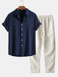Conjunto de camisa con botones en mezcla de lino y rayón + pantalón recto de lino