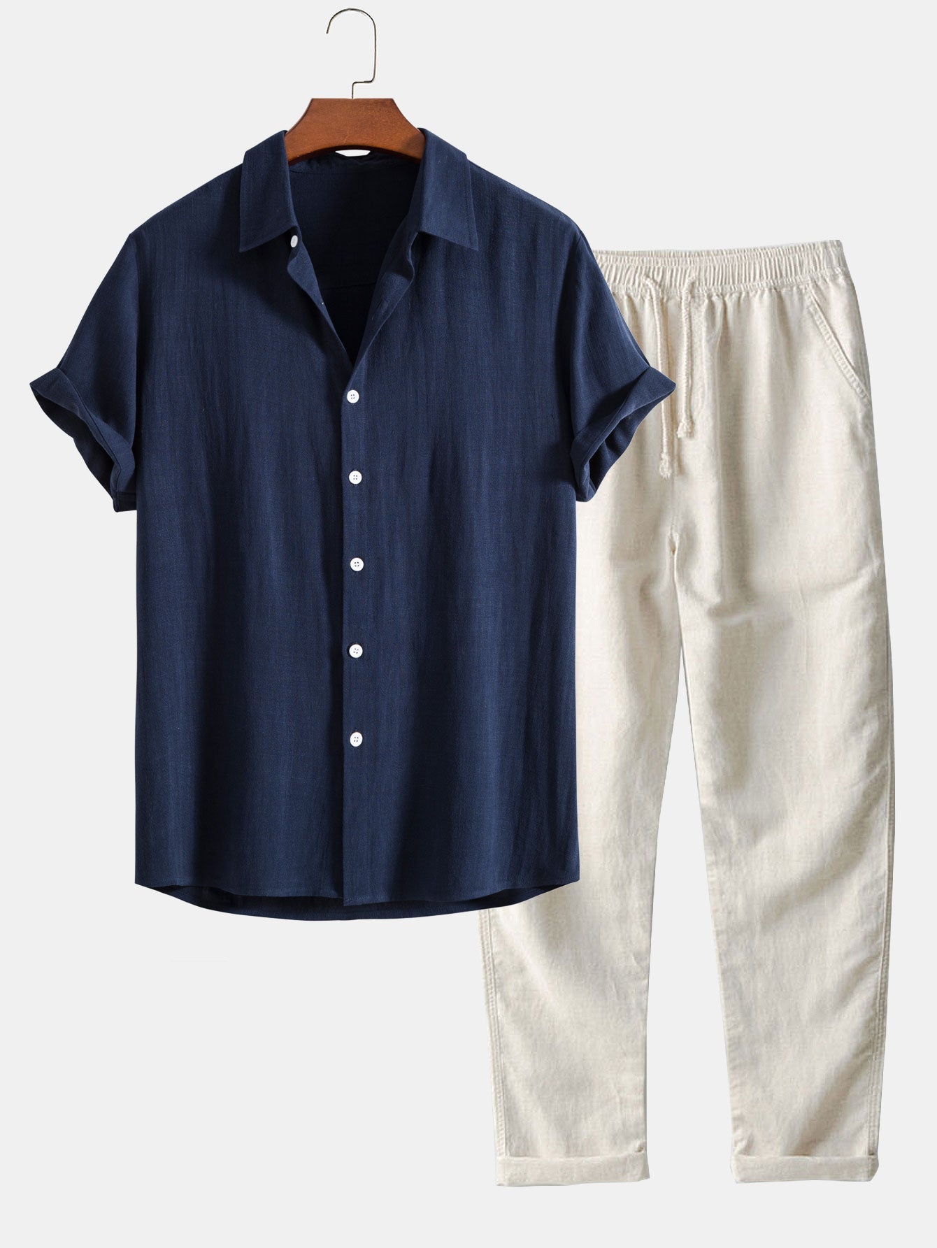 Conjunto de camisa con botones en mezcla de lino y rayón + pantalón recto de lino
