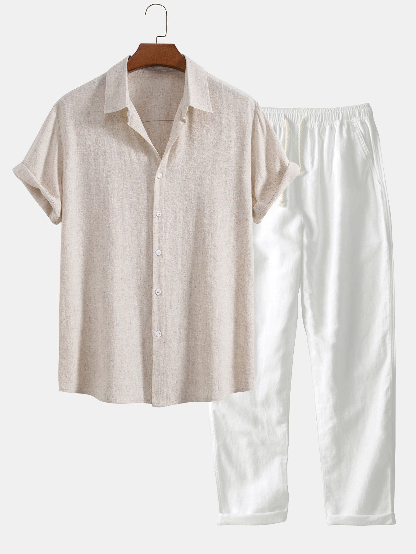 Conjunto de camisa con botones en mezcla de lino y rayón + pantalón recto de lino