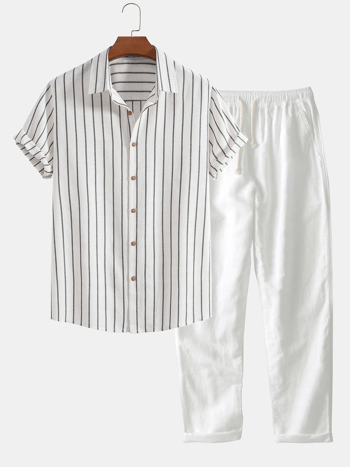 Camisa de rayas con botones en mezcla de algodón + pantalón recto de lino