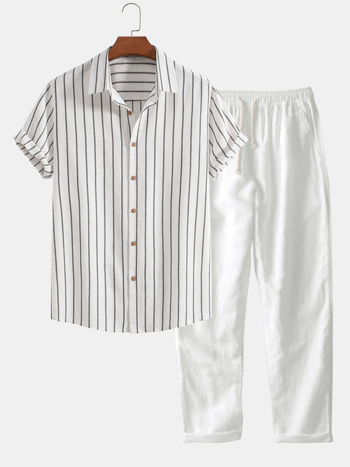 Camisa de rayas con botones en mezcla de algodón + pantalón recto de lino