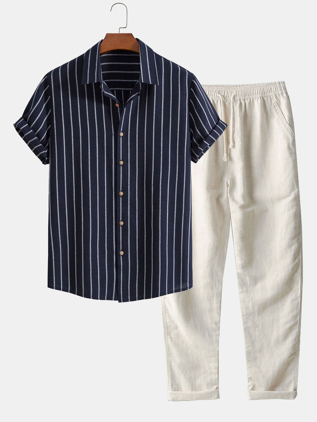 Camisa de rayas con botones en mezcla de algodón + pantalón recto de lino