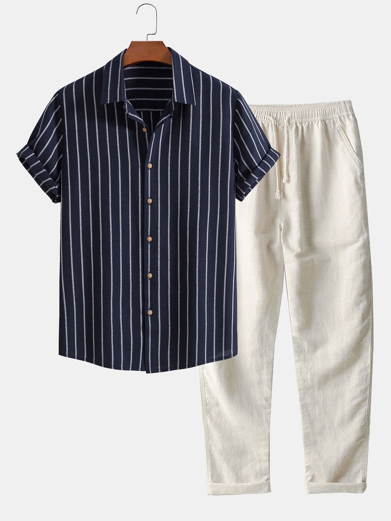 Camisa de rayas con botones en mezcla de algodón + pantalón recto de lino