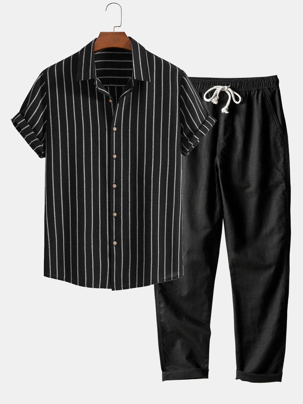 Camisa de rayas con botones en mezcla de algodón + pantalón recto de lino