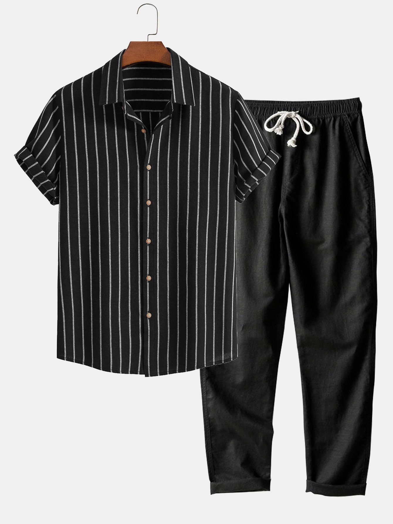 Camisa de rayas con botones en mezcla de algodón + pantalón recto de lino