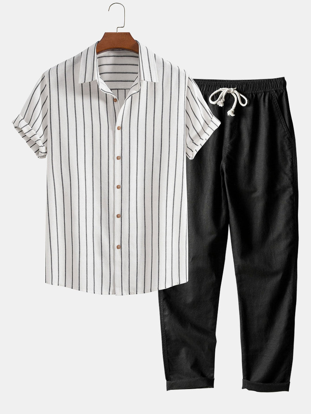 Camisa de rayas con botones en mezcla de algodón + pantalón recto de lino