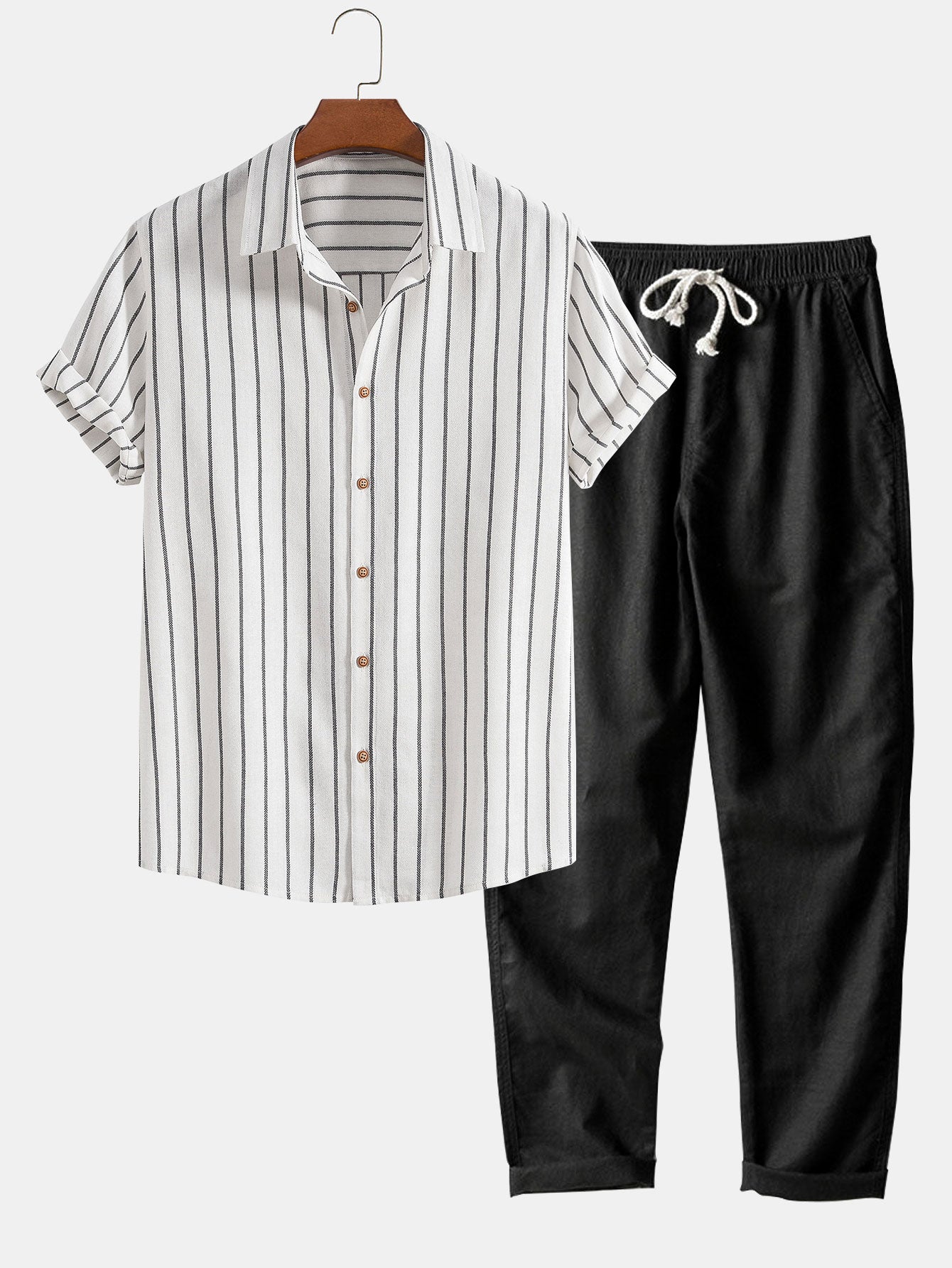 Camisa de rayas con botones en mezcla de algodón + pantalón recto de lino