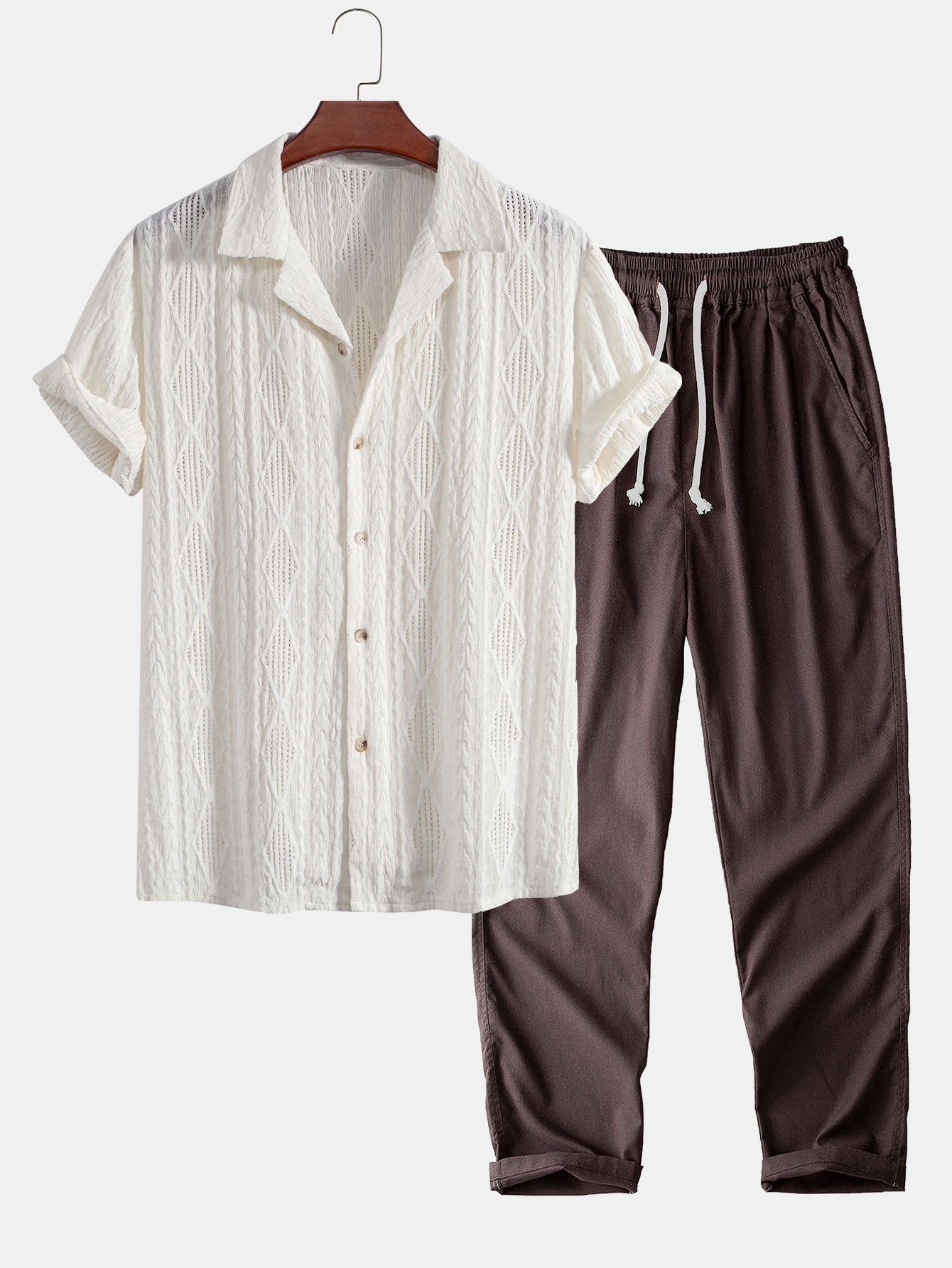 Camisa cubana jacquard geométrica + pantalón recto de lino