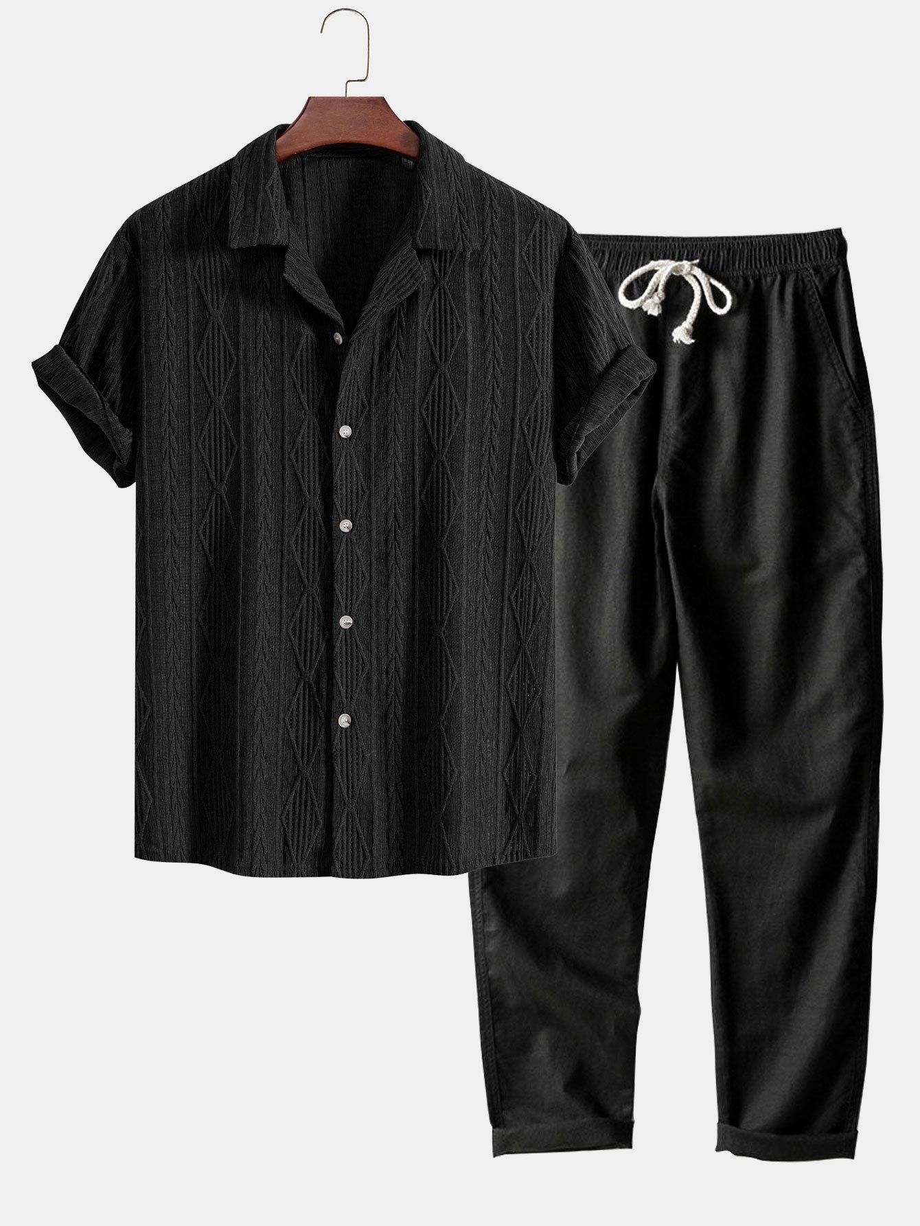 Camisa cubana jacquard geométrica + pantalón recto de lino