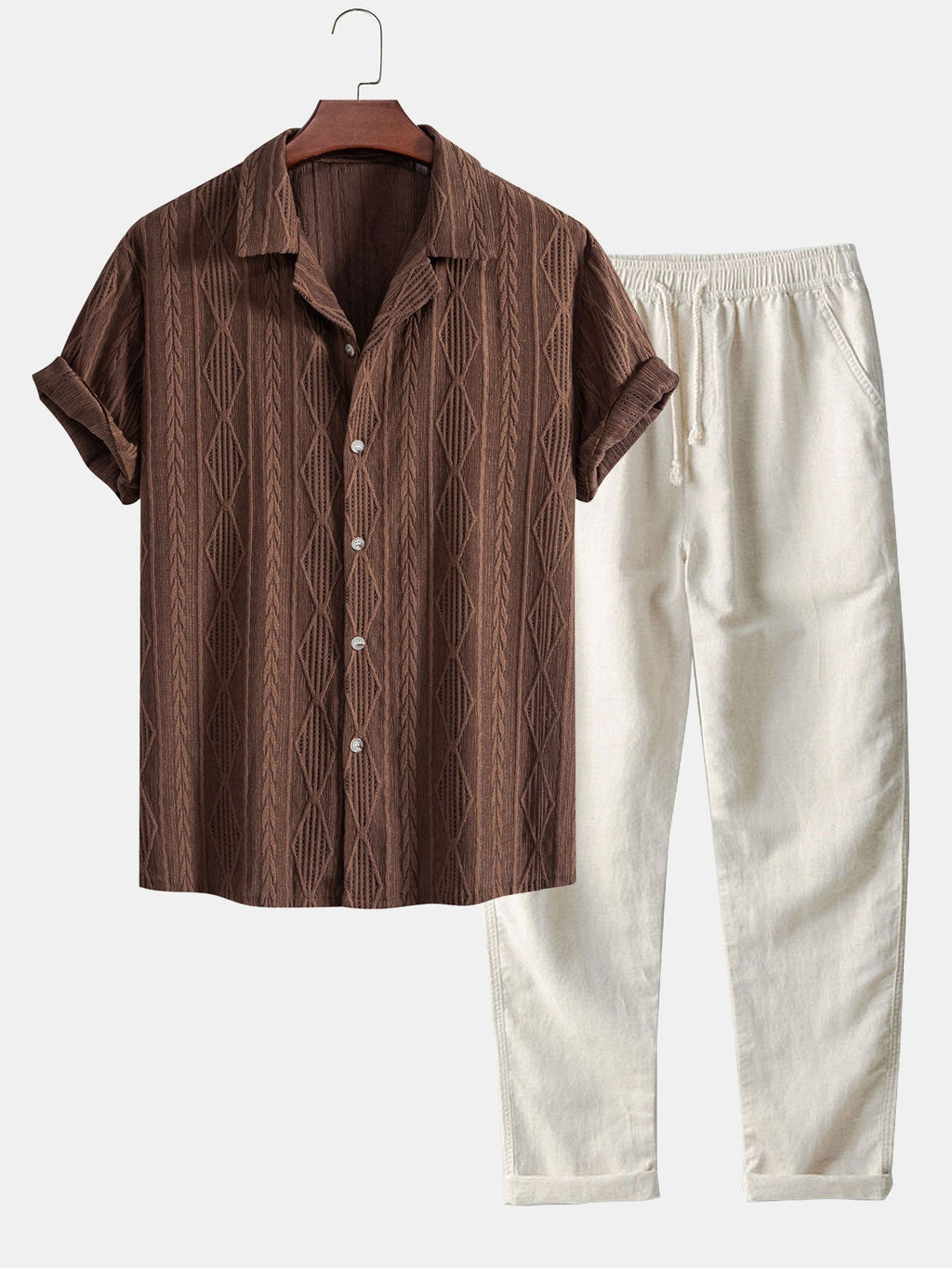 Camisa cubana jacquard geométrica + pantalón recto de lino
