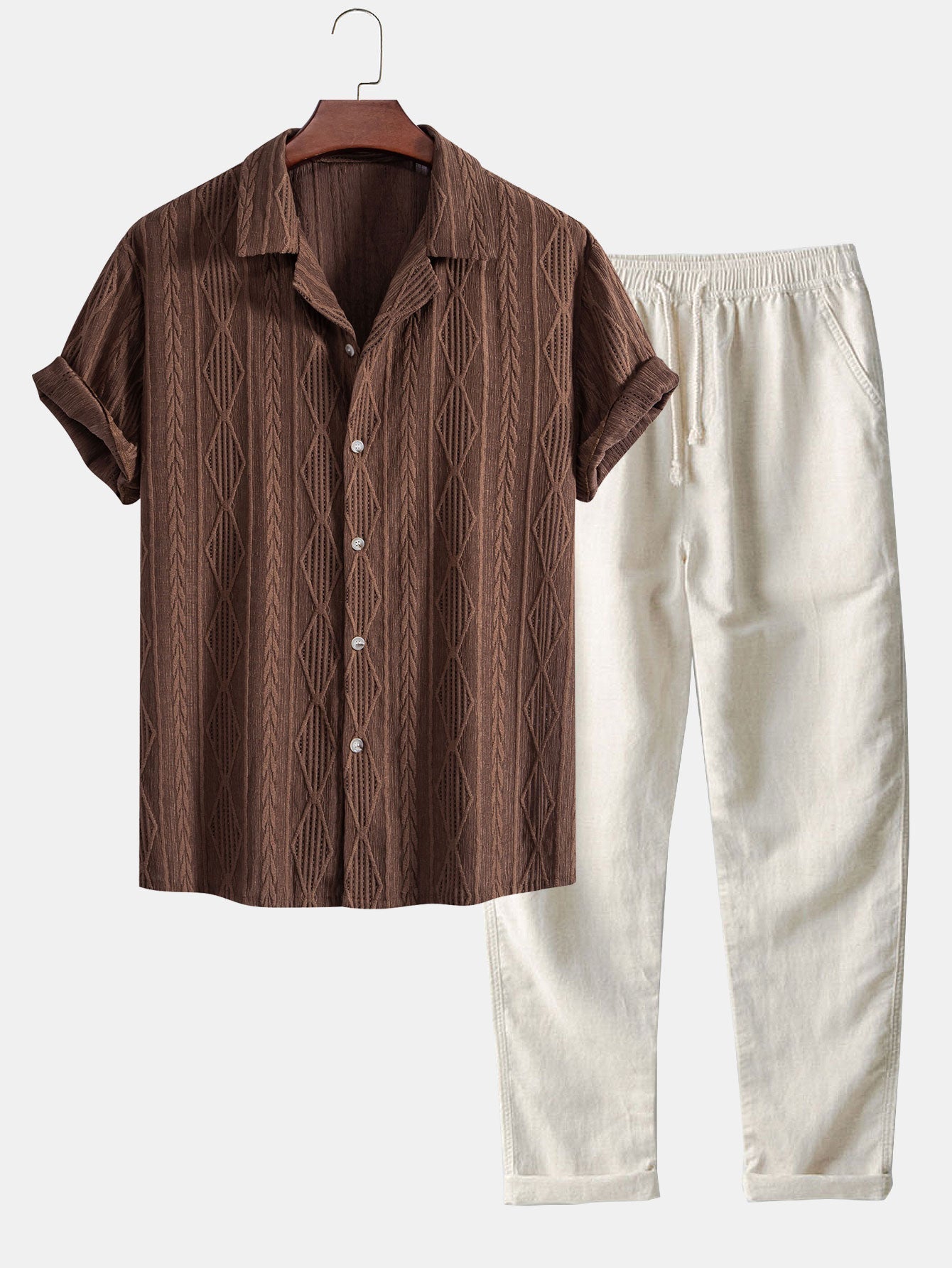 Camisa cubana jacquard geométrica + pantalón recto de lino