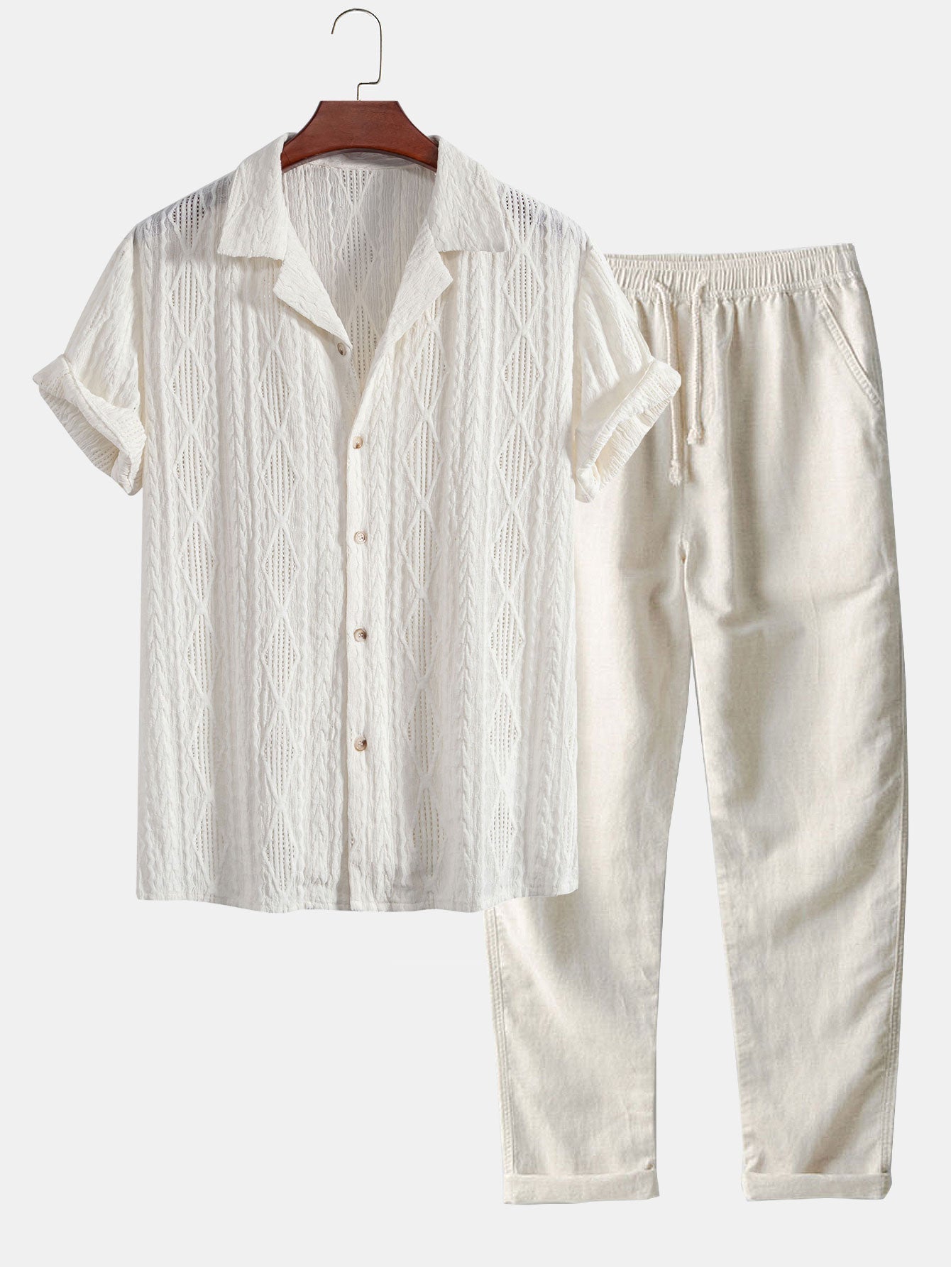 Camisa cubana jacquard geométrica + pantalón recto de lino