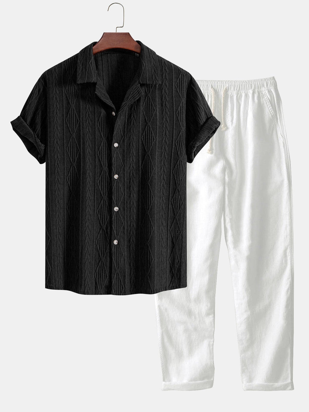 Camisa cubana jacquard geométrica + pantalón recto de lino