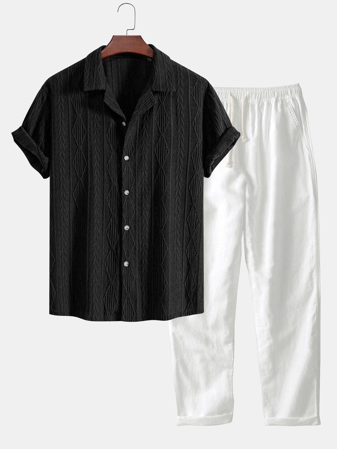 Camisa cubana jacquard geométrica + pantalón recto de lino