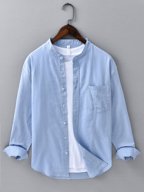 Camisa de lino y algodón con mangas largas, cuello en D y bolsillo