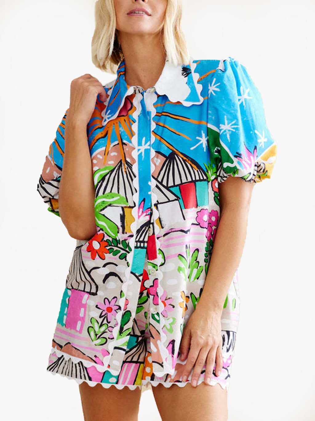 CONJUNTO ESTAMPADO DE DOS PIEZAS – ESTILO CAMISERO