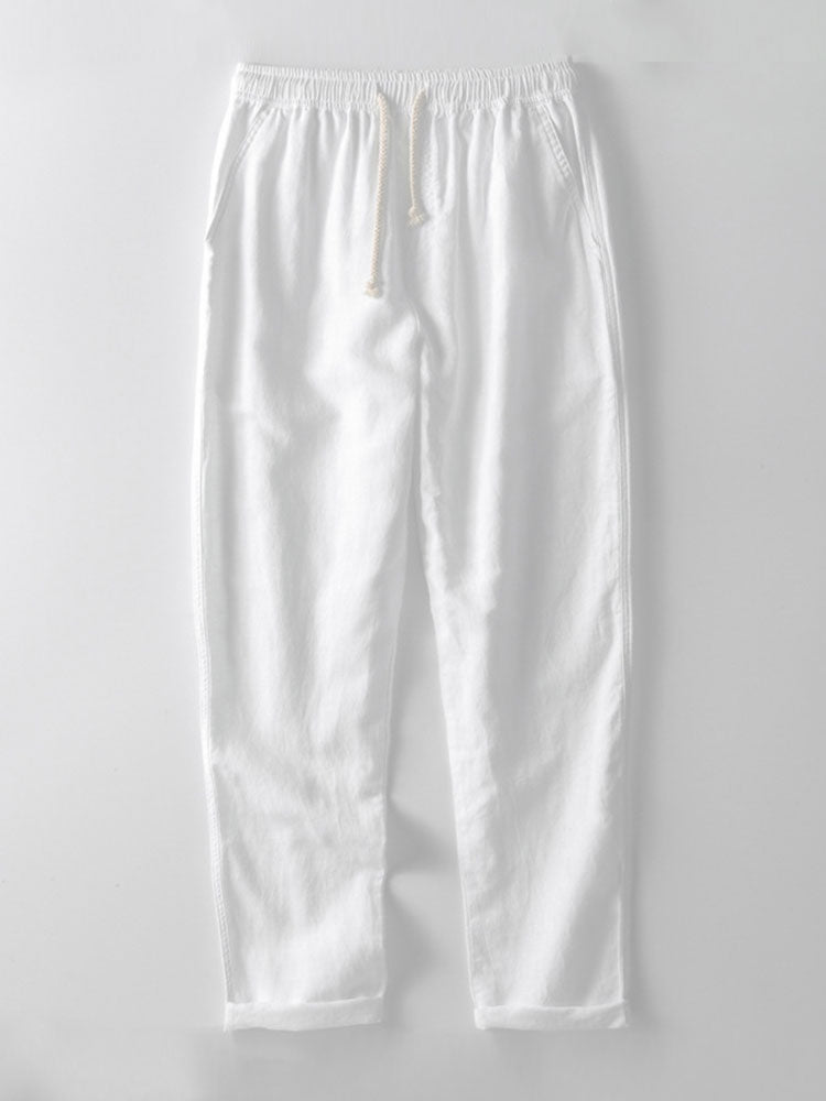 Camisa de rayas con botones en mezcla de algodón + pantalón recto de lino