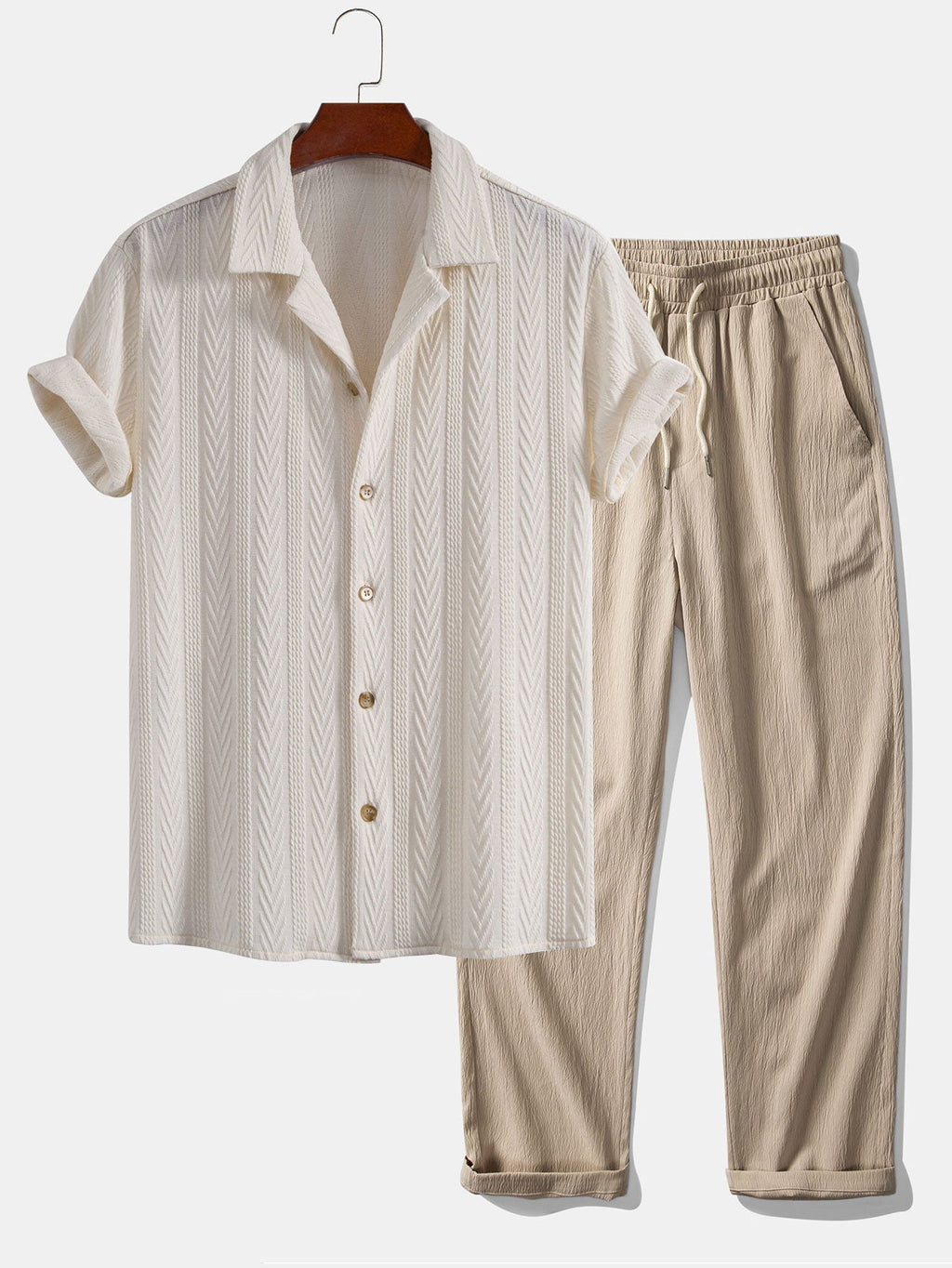 Camisa cubana jacquard texturizada + pantalón recto con textura arrugada