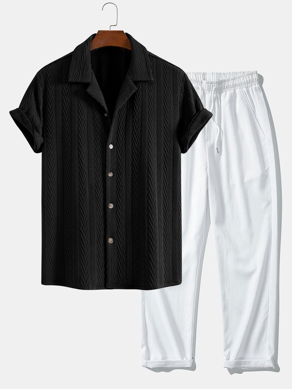 Camisa cubana jacquard texturizada + pantalón recto con textura arrugada