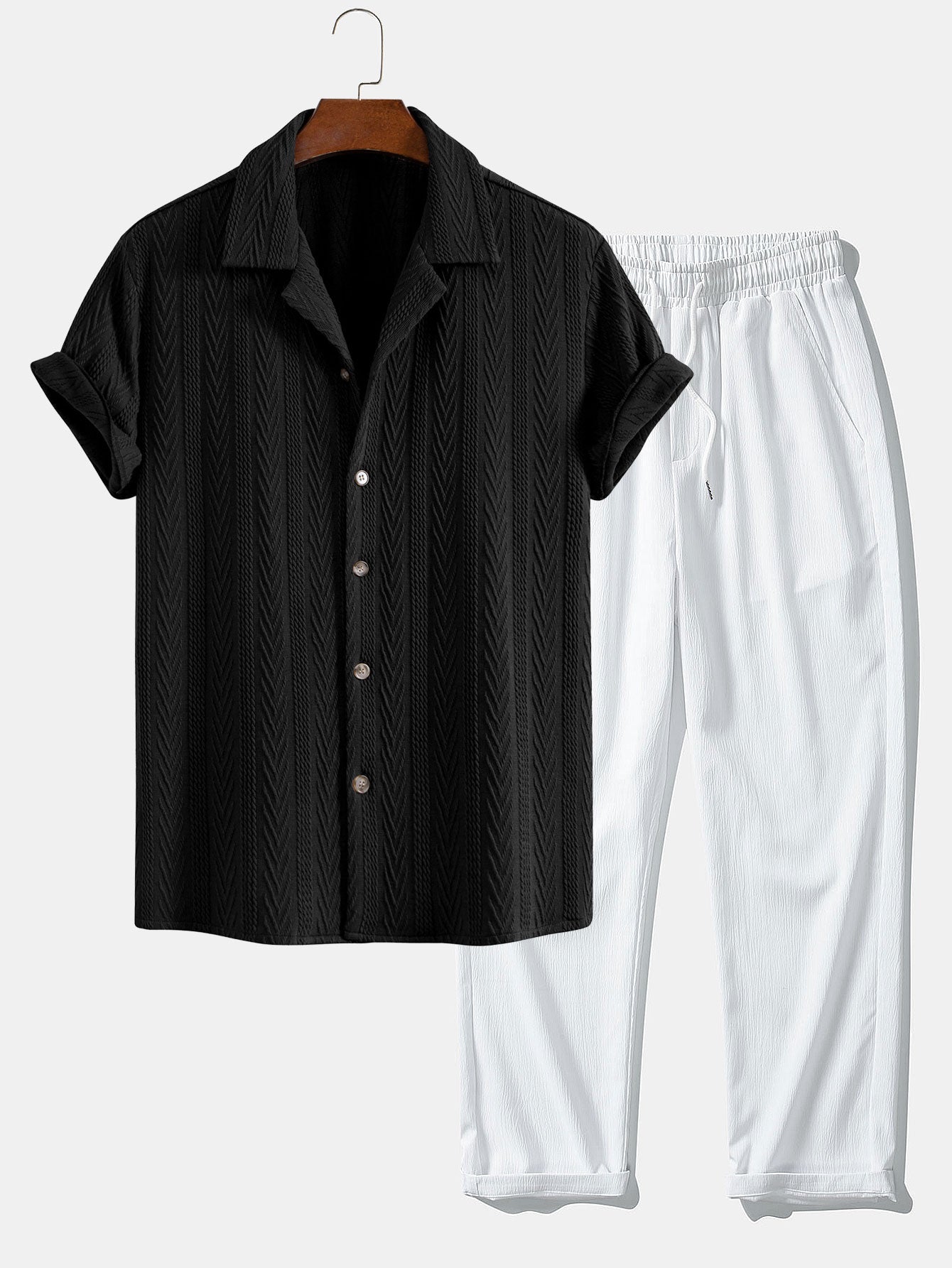 Camisa cubana jacquard texturizada + pantalón recto con textura arrugada