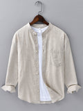Camisa de lino y algodón con mangas largas, cuello en D y bolsillo
