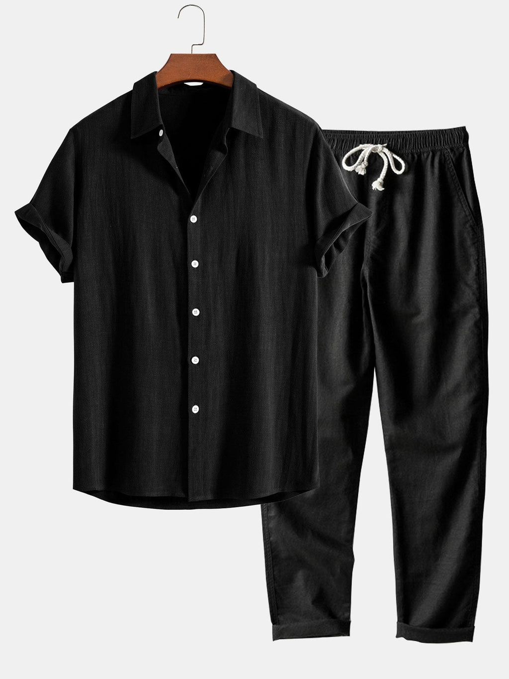 Conjunto de camisa con botones en mezcla de lino y rayón + pantalón recto de lino