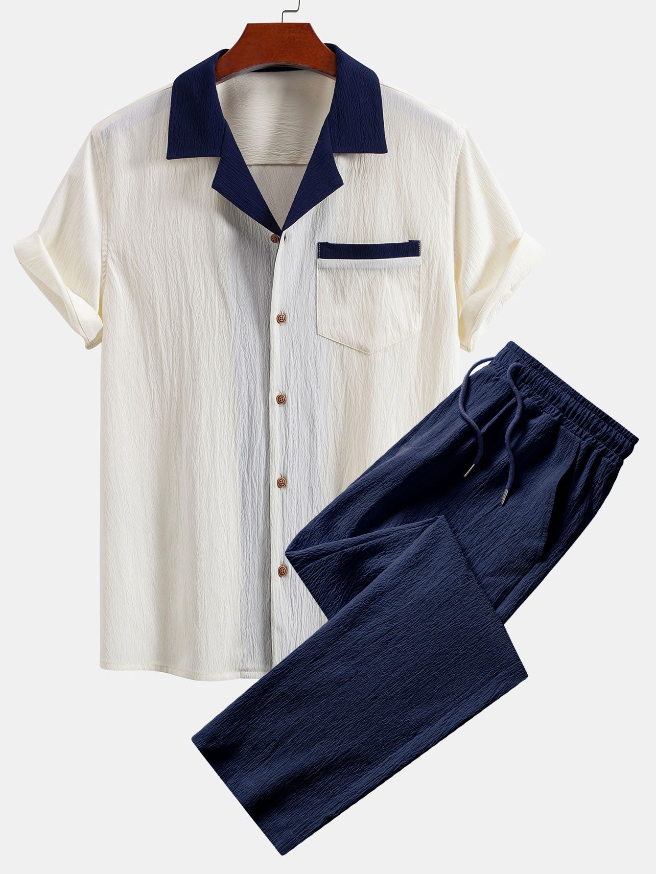 Camisa cubana texturizada en contraste + pantalón recto