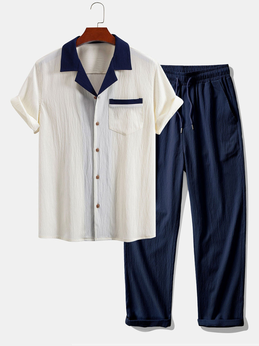 Camisa cubana texturizada en contraste + pantalón recto