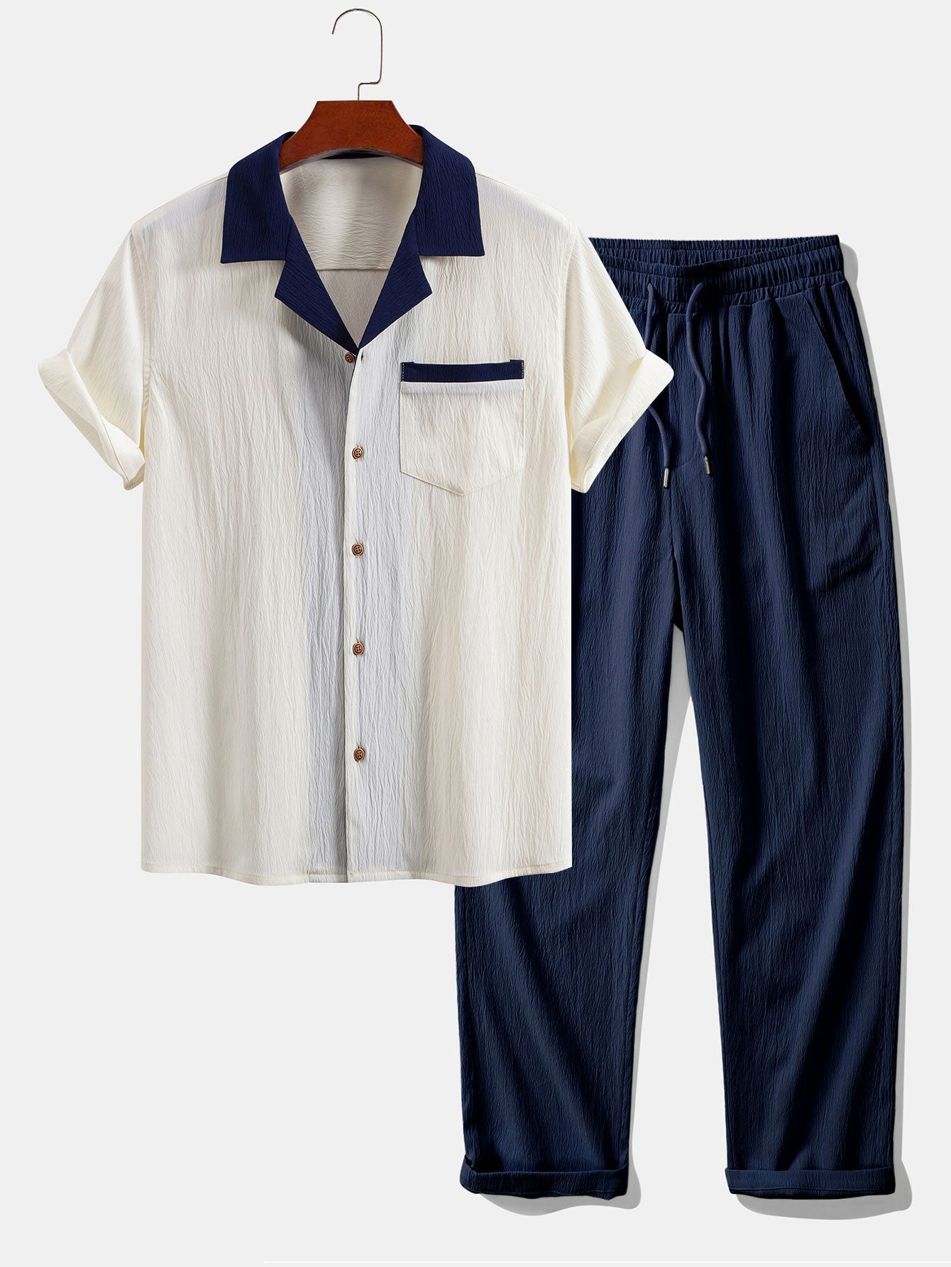 Camisa cubana texturizada en contraste + pantalón recto