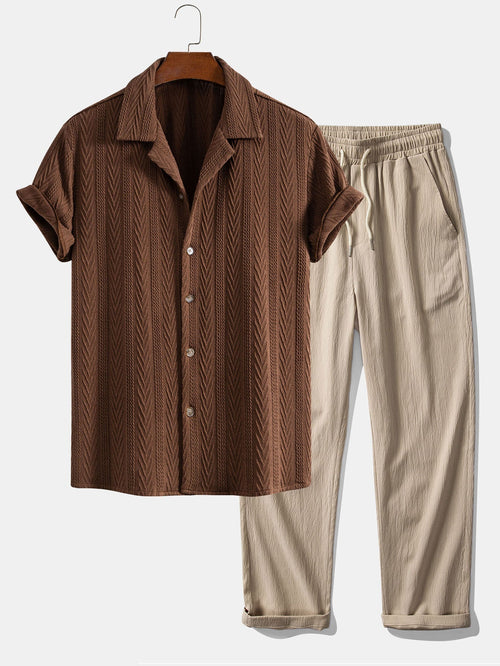 Camisa cubana jacquard texturizada + pantalón recto con textura arrugada