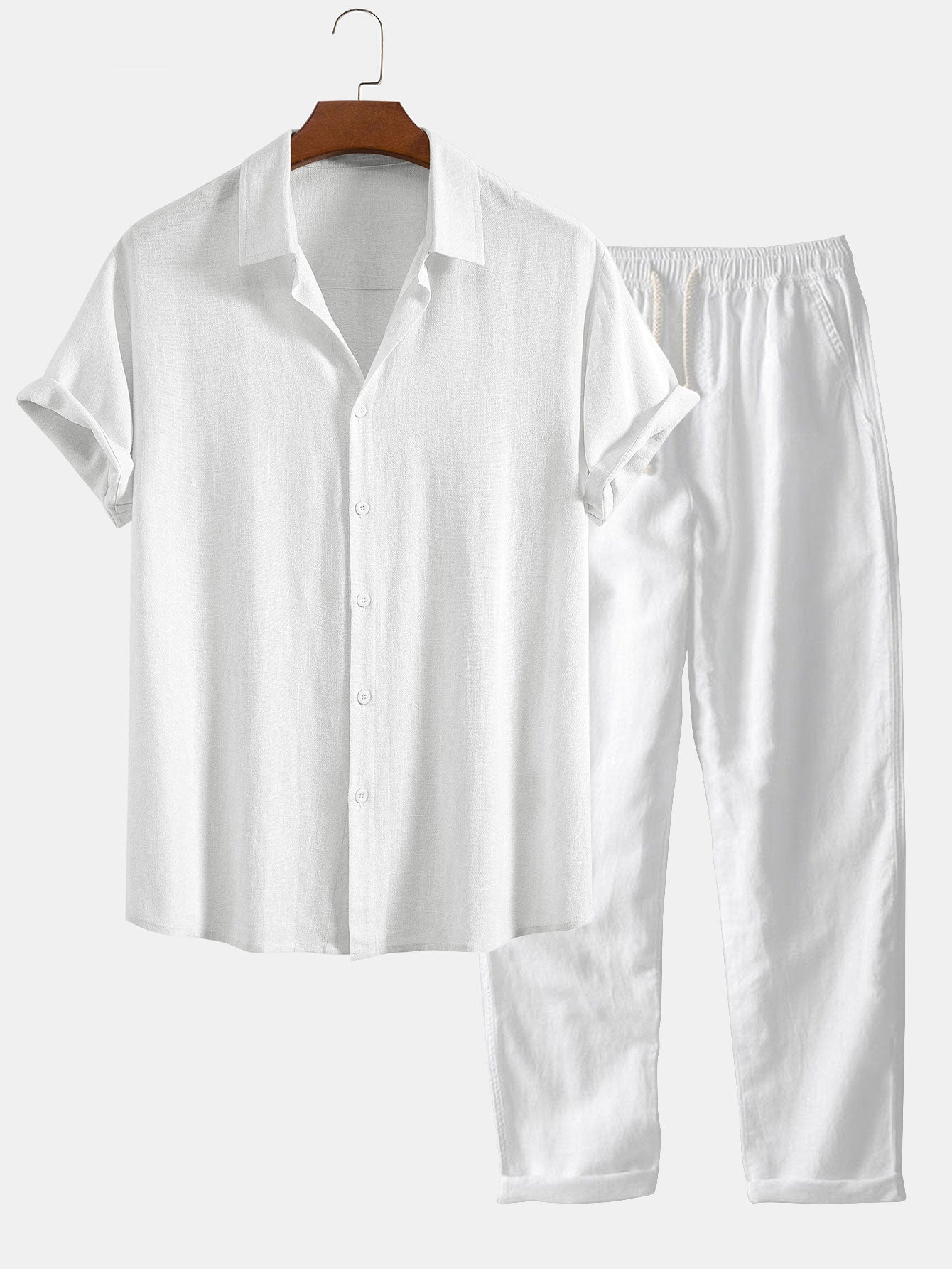 Conjunto de camisa con botones en mezcla de lino y rayón + pantalón recto de lino