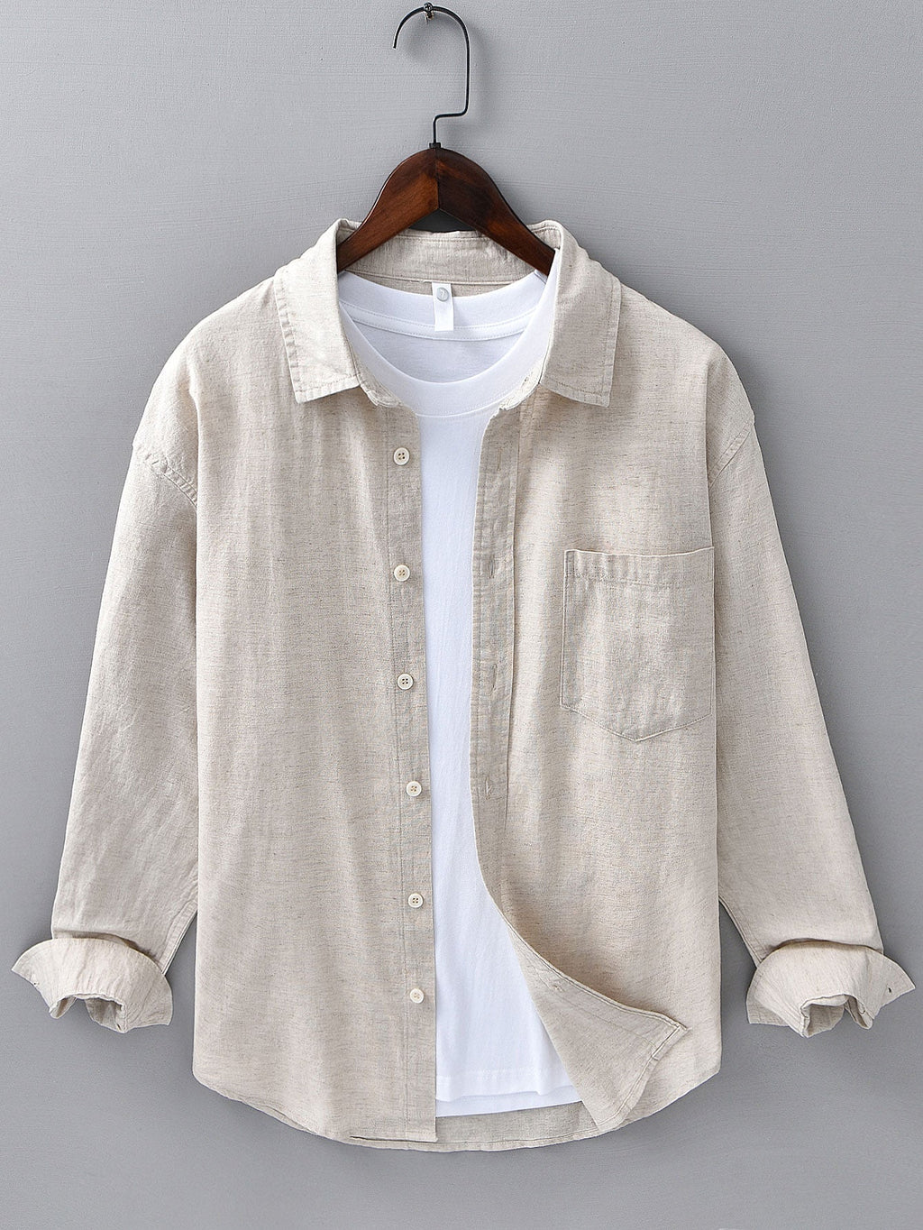 Camisa de lino y algodón con bolsillo y mangas largas