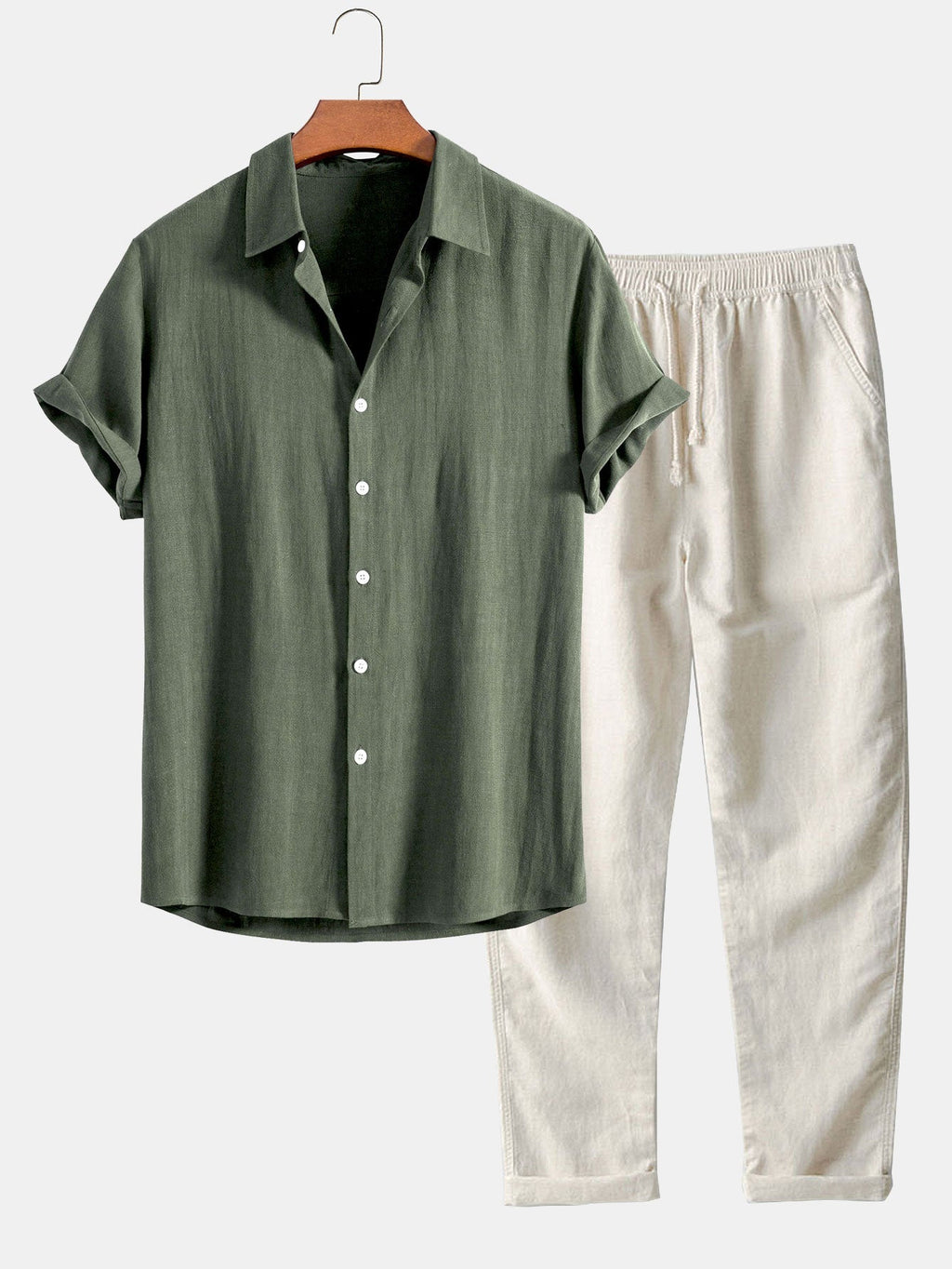 Conjunto de camisa con botones en mezcla de lino y rayón + pantalón recto de lino