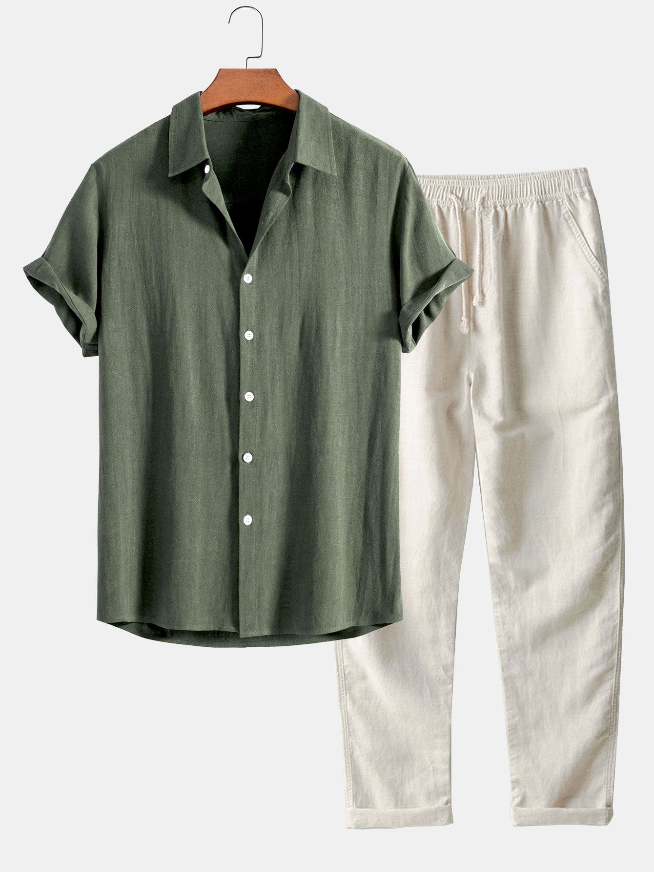 Conjunto de camisa con botones en mezcla de lino y rayón + pantalón recto de lino