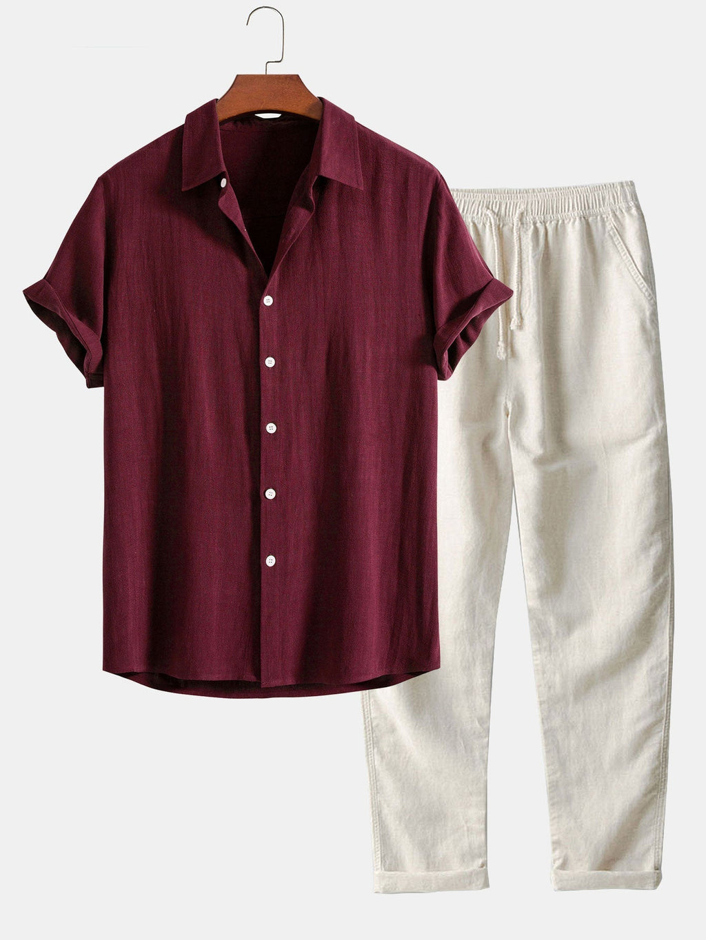 Conjunto de camisa con botones en mezcla de lino y rayón + pantalón recto de lino