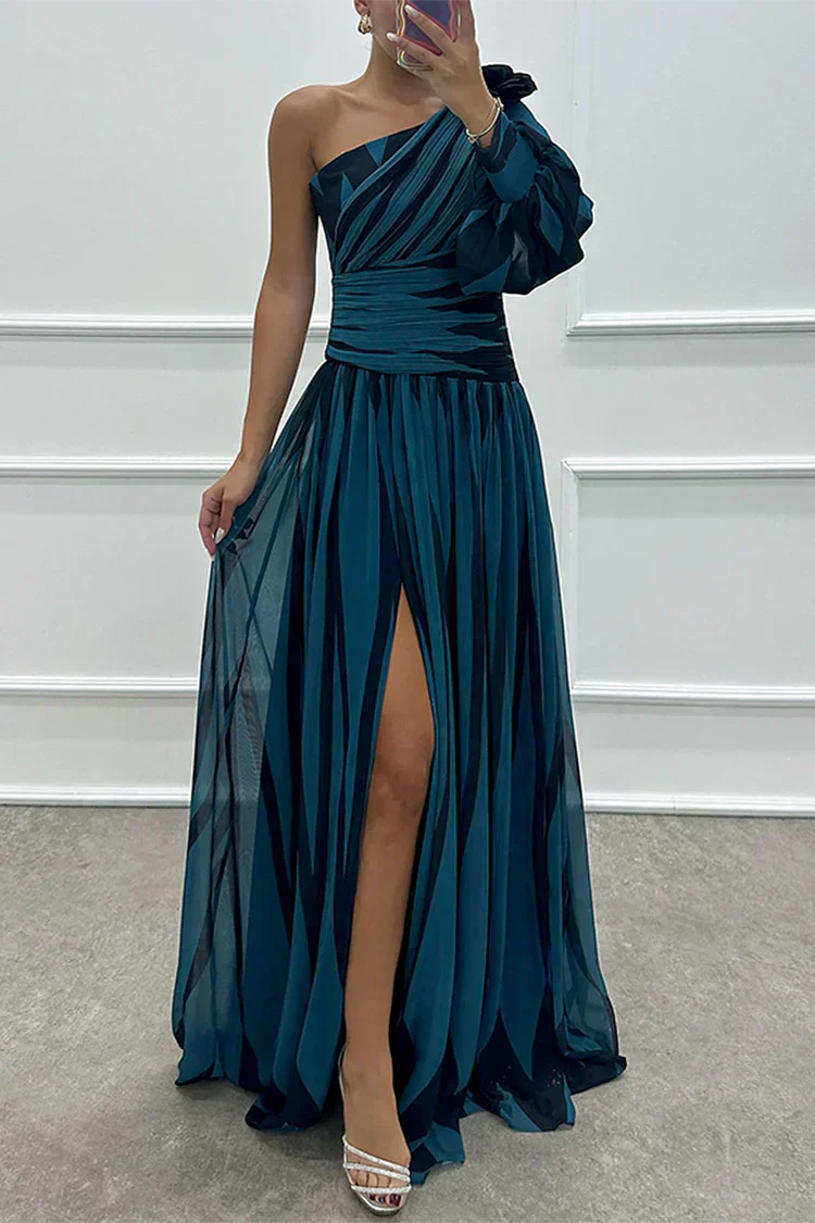 SHILOH - Elegante vestido largo de un hombro con drapeado y abertura