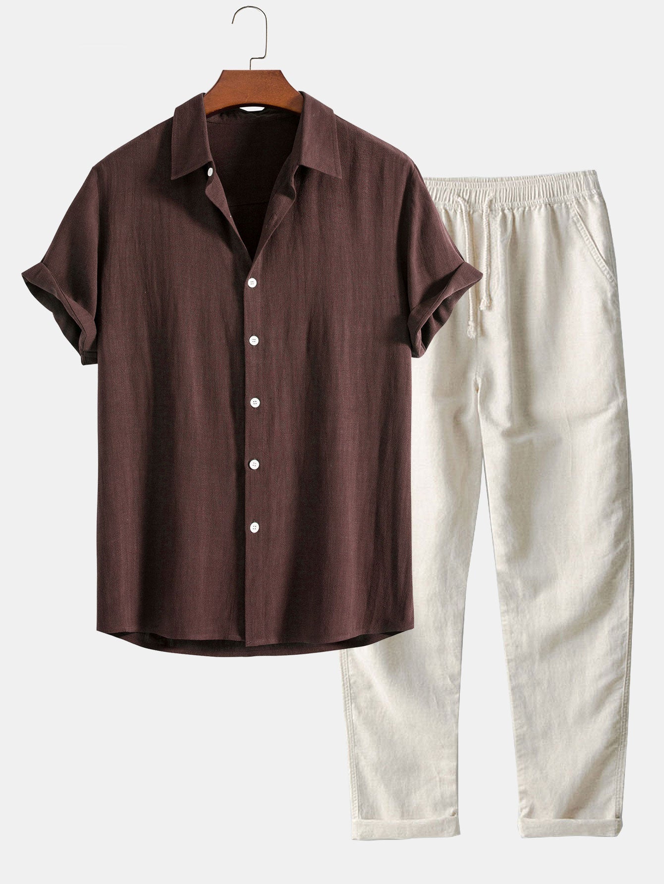 Conjunto de camisa con botones en mezcla de lino y rayón + pantalón recto de lino