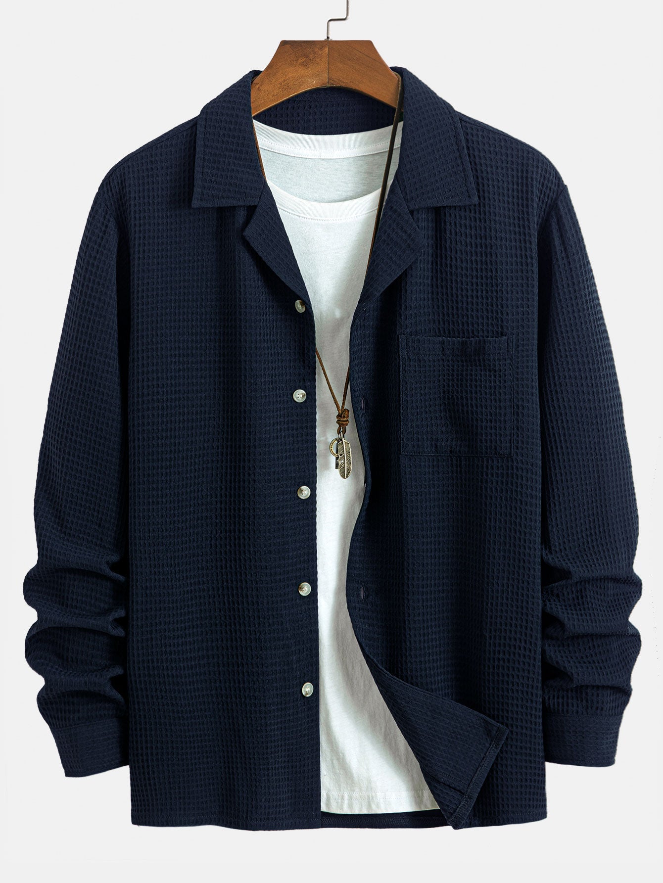 Camisa waffle de manga larga con cuello cubano