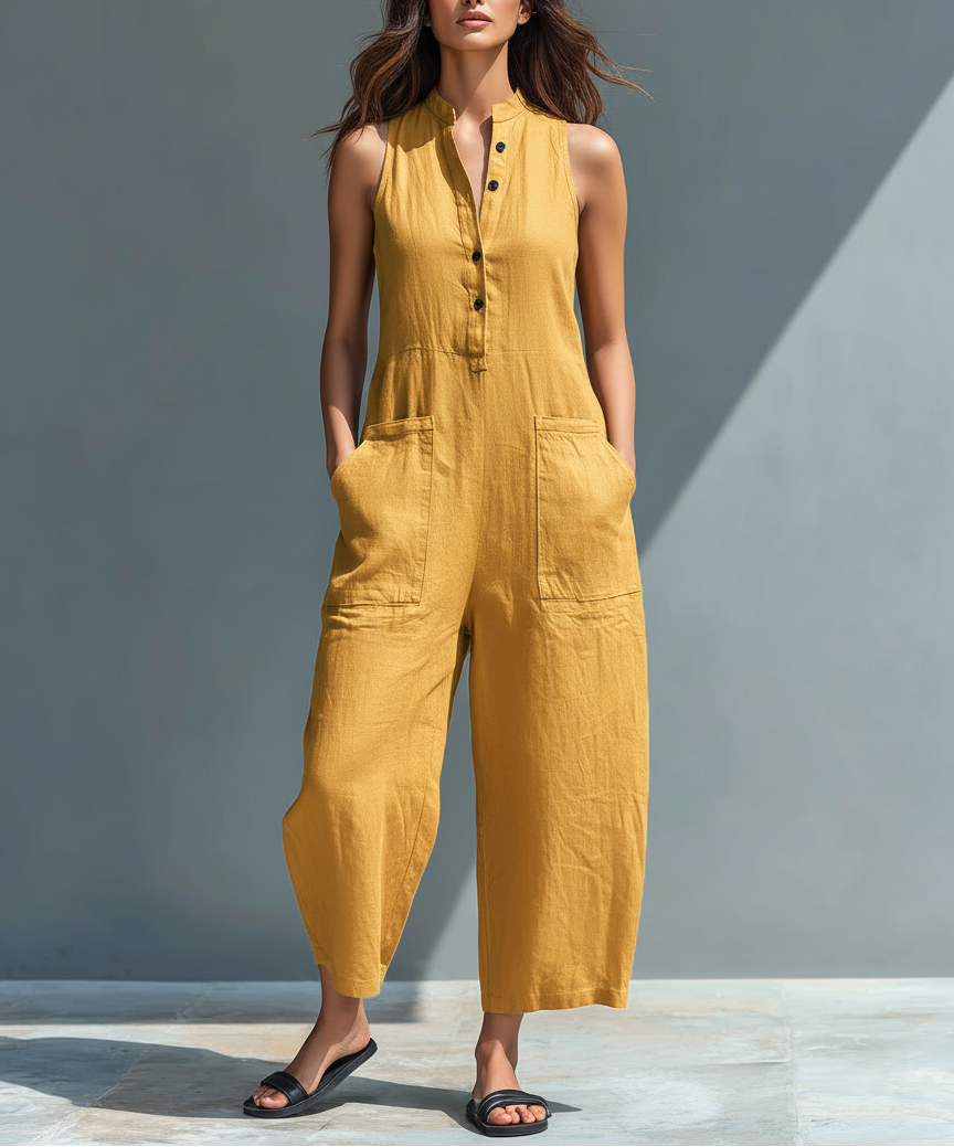 Larson - Mono minimalista sin mangas de mezcla de lino para mujer con cuello alto y botones