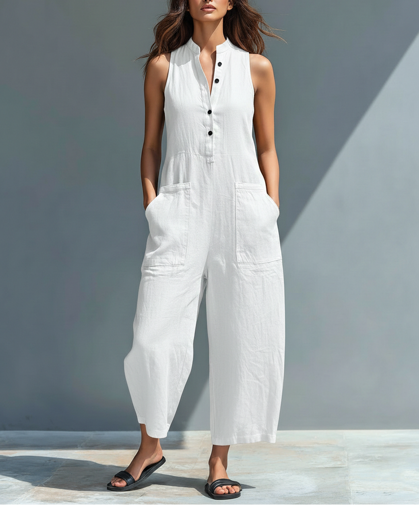 Larson - Mono minimalista sin mangas de mezcla de lino para mujer con cuello alto y botones