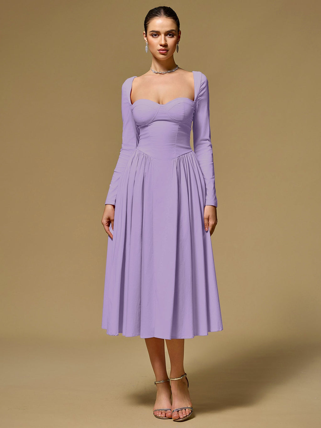 ANNA - Vestido midi de manga larga y corte en A
