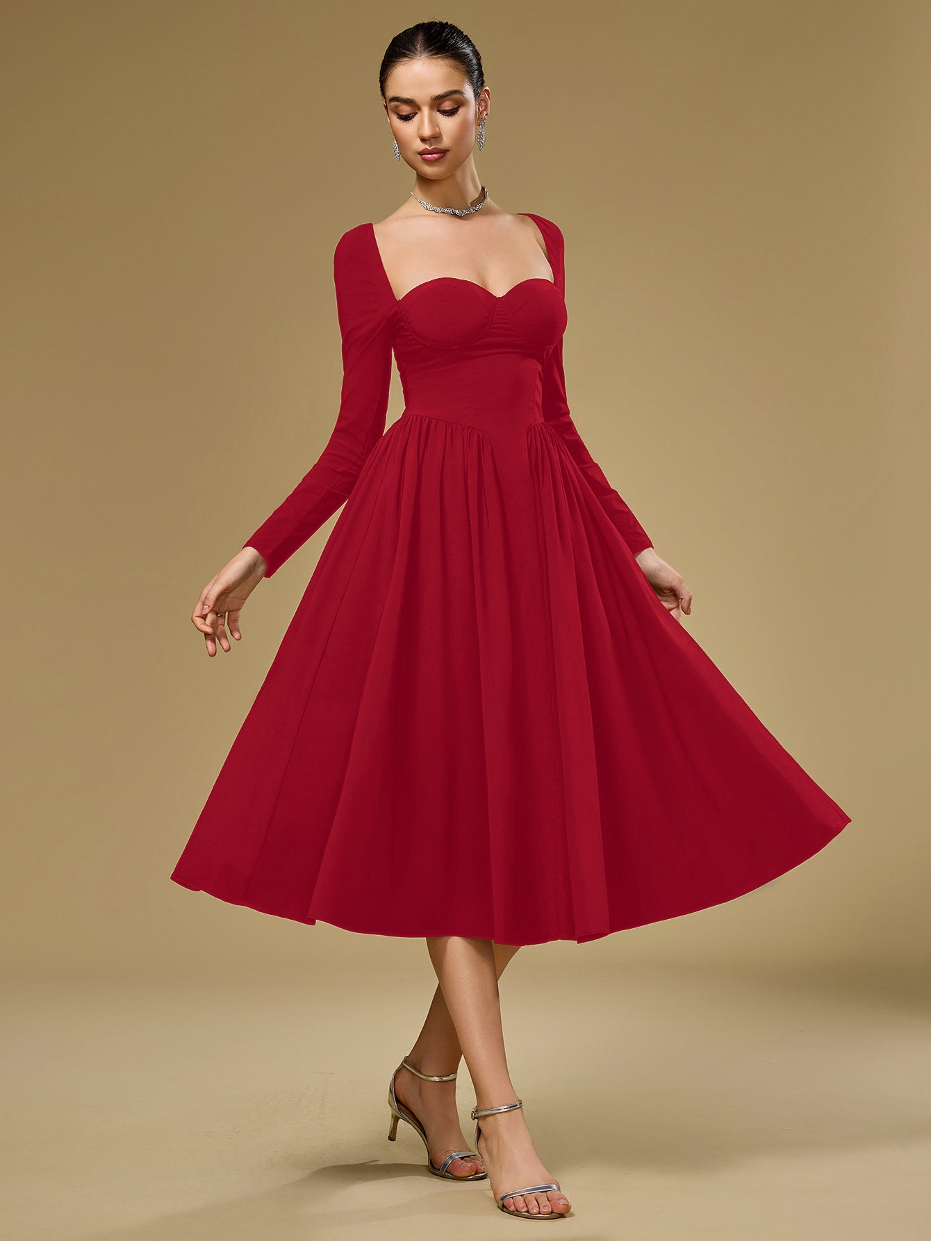 ANNA - Vestido midi de manga larga y corte en A
