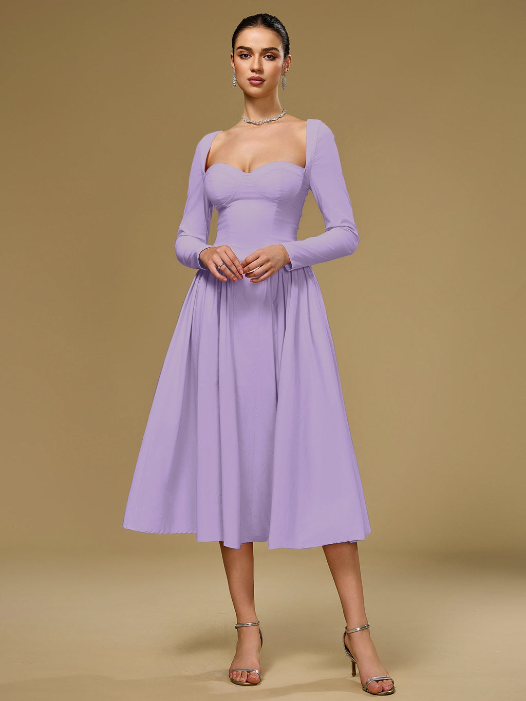 ANNA - Vestido midi de manga larga y corte en A