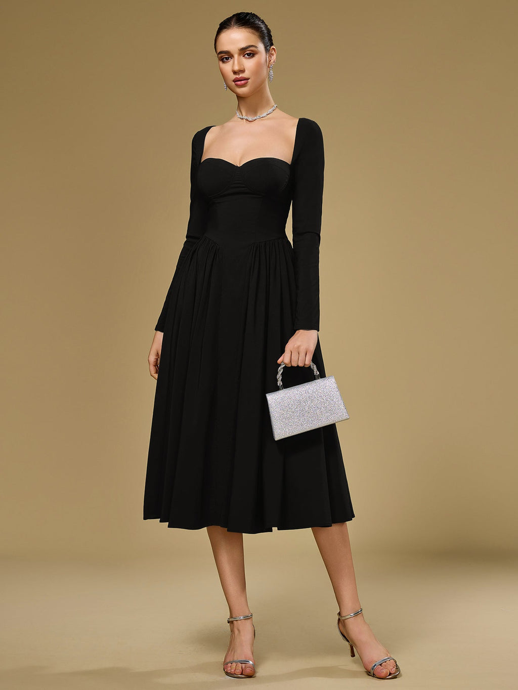 ANNA - Vestido midi de manga larga y corte en A
