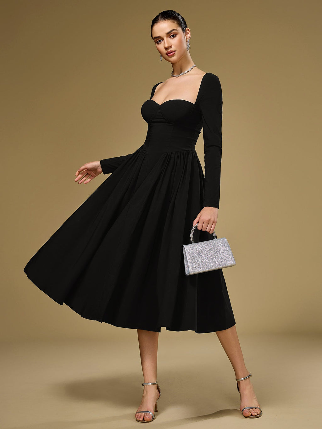 ANNA - Vestido midi de manga larga y corte en A
