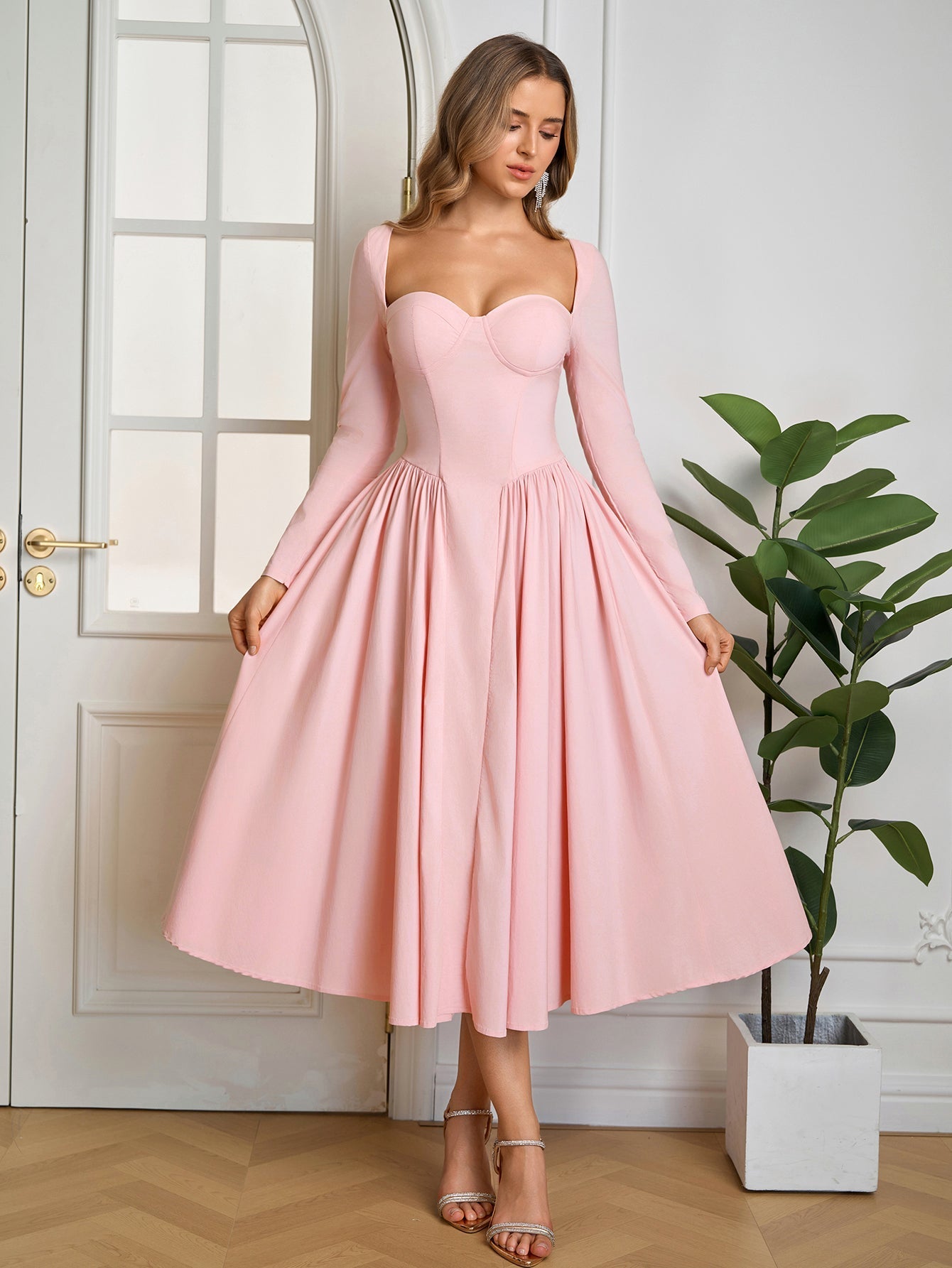 ANNA - Vestido midi de manga larga y corte en A