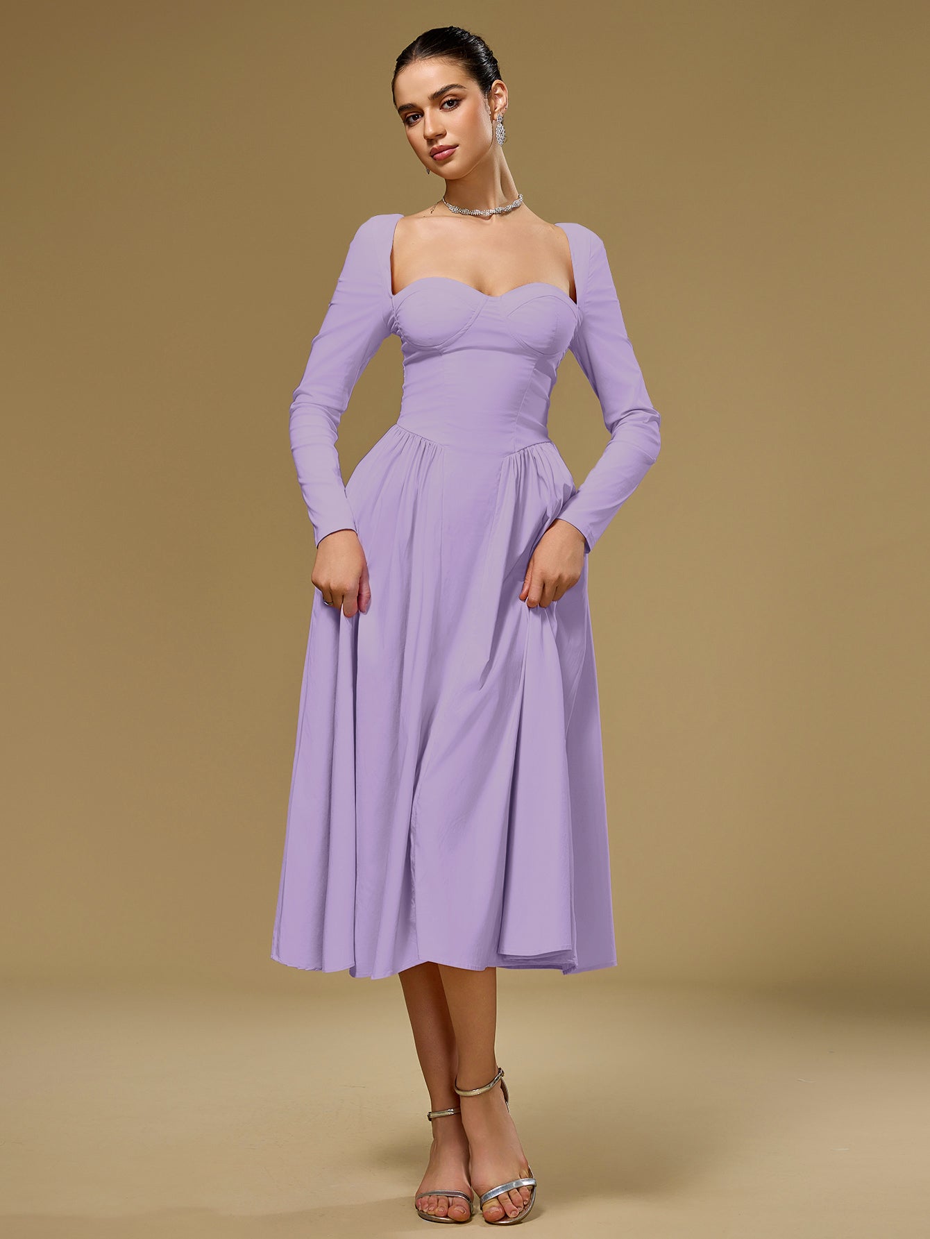 ANNA - Vestido midi de manga larga y corte en A