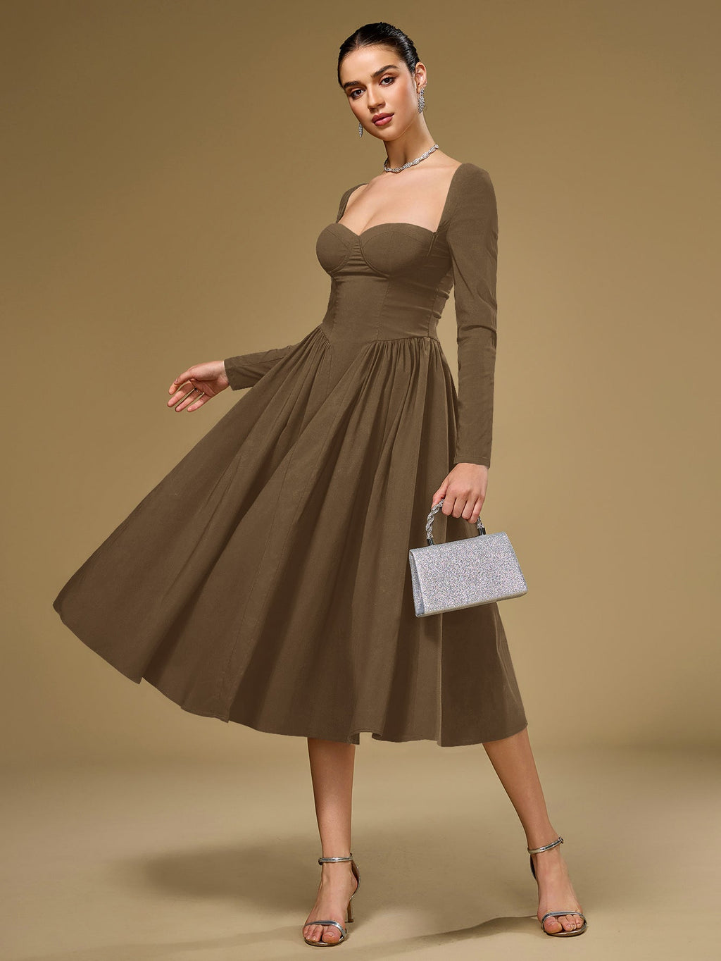 ANNA - Vestido midi de manga larga y corte en A