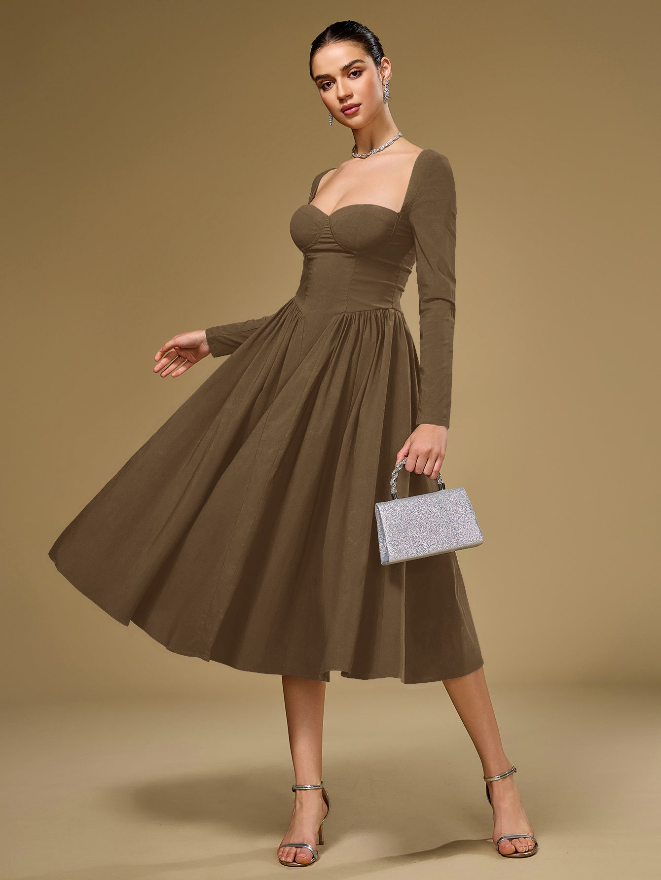 ANNA - Vestido midi de manga larga y corte en A