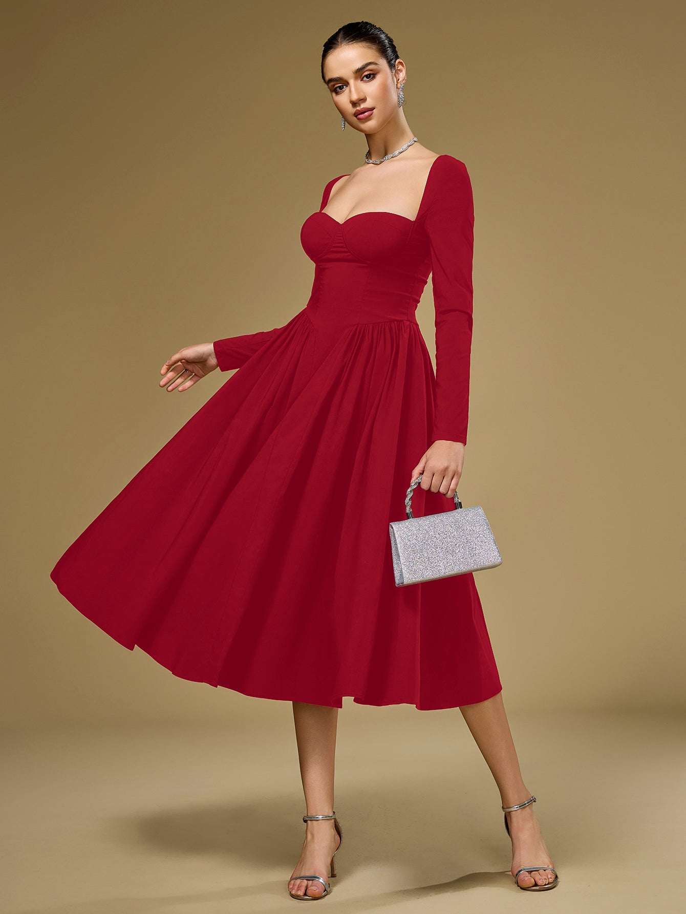 ANNA - Vestido midi de manga larga y corte en A